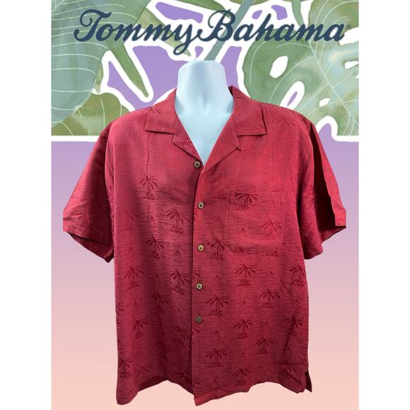 Tommy Bahama Shirt Size L Silk Button-Up Red Tropical Pattern Coastal Style - Picture 1 of 10